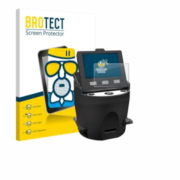 Front side of a product packaging with the brand logo BROTECT. Next to it is the device Kodak SCANZA shown with the correspond