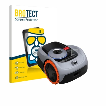 Front side of a product packaging with the brand logo BROTECT. Next to it is the device Navimow i105E+ shown with the correspo