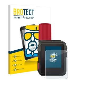 Front side of a product packaging with the brand logo BROTECT. Next to it is the device Garmin inReach Mini 3 Plus shown with 