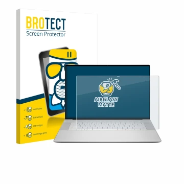 Front side of a product packaging with the brand logo BROTECT. Next to it is the device Dell 16 Premium Laptop shown with the 