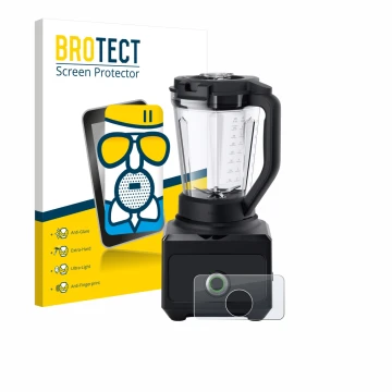 Front side of a product packaging with the brand logo BROTECT. Next to it is the device Braun PowerBlend 9 shown with the corr