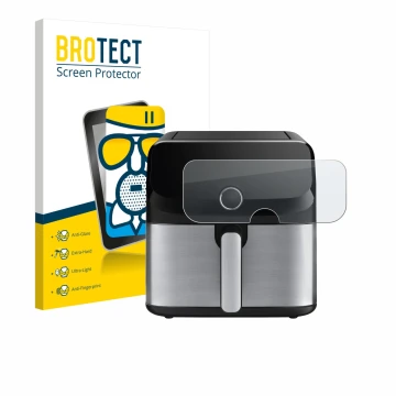 Front side of a product packaging with the brand logo BROTECT. Next to it is the device Tefal Easy Fry Mega shown with the cor