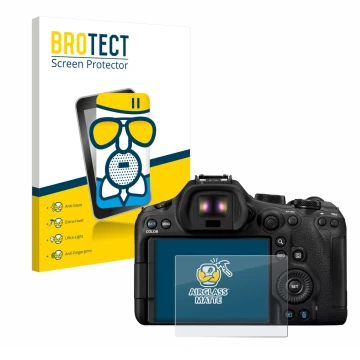 Front side of a product packaging with the brand logo BROTECT. Next to it is the device Canon EOS R6 Mark III shown with the c