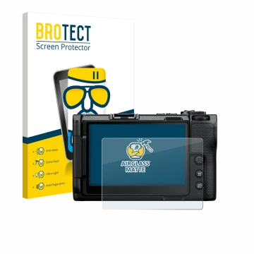 Front side of a product packaging with the brand logo BROTECT. Next to it is the device Nikon ZR 2025 shown with the correspon