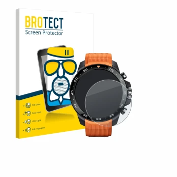 Front side of a product packaging with the brand logo BROTECT. Next to it is the device Xiaomi Mibro GS Explorer S shown with 