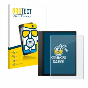 Front side of a product packaging with the brand logo BROTECT. Next to it is the device Boox Note Air 5 C shown with the corre