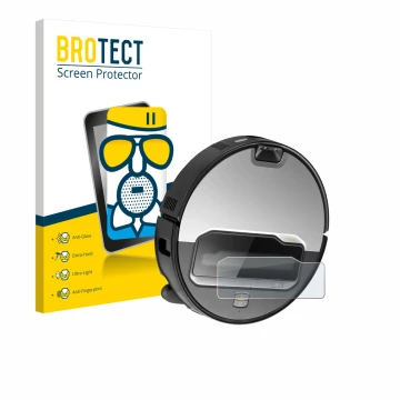 Front side of a product packaging with the brand logo BROTECT. Next to it is the device Roborock Saros Z70 shown with the corr