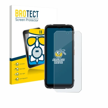 Front side of a product packaging with the brand logo BROTECT. Next to it is the device Blackview Rock 1 shown with the corres