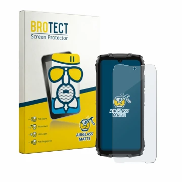 Front side of a product packaging with the brand logo BROTECT. Next to it is the device Ulefone RugKing 4 Pro shown with the c