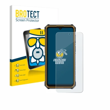Front side of a product packaging with the brand logo BROTECT. Next to it is the device Ulefone RugKing 3 Pro shown with the c