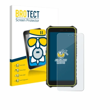 Front side of a product packaging with the brand logo BROTECT. Next to it is the device Ulefone RugKing 2 Pro shown with the c