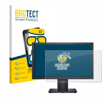 Front side of a product packaging with the brand logo BROTECT. Next to it is the device Dell E1920H shown with the correspondi