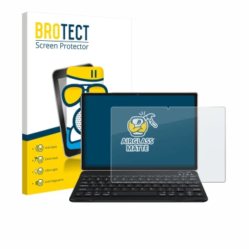 Front side of a product packaging with the brand logo BROTECT. Next to it is the device DEERTiME E9 10.1