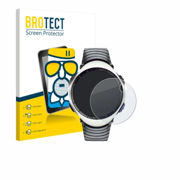 Front side of a product packaging with the brand logo BROTECT. Next to it is the device Suunto Regatta shown with the correspo