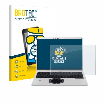 Front side of a product packaging with the brand logo BROTECT. Next to it is the device Panasonic CF-FV3 shown with the corres