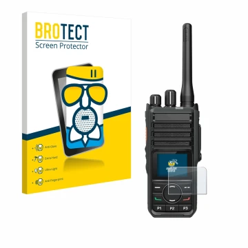 Front side of a product packaging with the brand logo BROTECT. Next to it is the device Hytera HP565 shown with the correspond