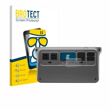 Front side of a product packaging with the brand logo BROTECT. Next to it is the device DJI Power 1000 V2 shown with the corre