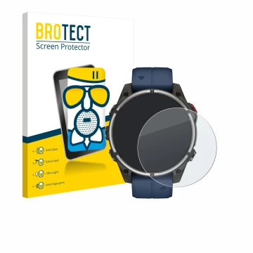 Front side of a product packaging with the brand logo BROTECT. Next to it is the device Garmin quatix 8 Pro (47 mm) shown with