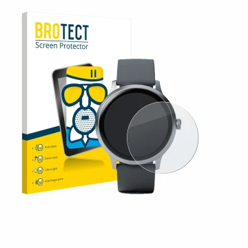 Front side of a product packaging with the brand logo BROTECT. Next to it is the device Pebble Round 2 shown with the correspo