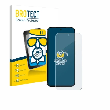 Front side of a product packaging with the brand logo BROTECT. Next to it is the device Motorola Moto G67 shown with the corre