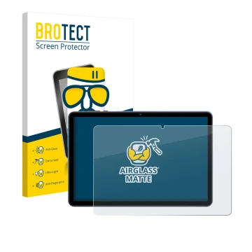 Front side of a product packaging with the brand logo BROTECT. Next to it is the device WOREGOO M283-EEA 10.1