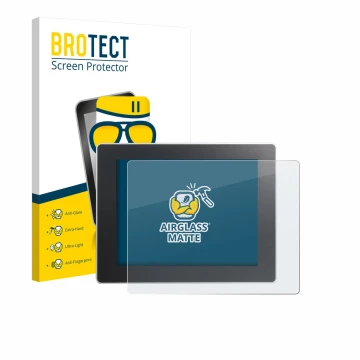 Front side of a product packaging with the brand logo BROTECT. Next to it is the device Weintek cMT3092X shown with the corres