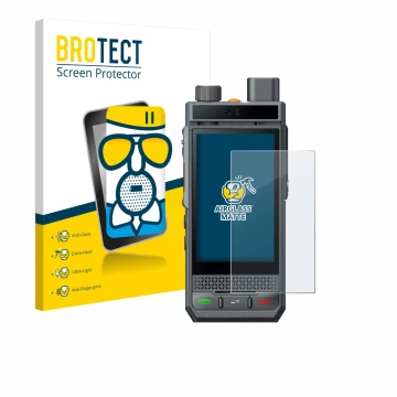 Front side of a product packaging with the brand logo BROTECT. Next to it is the device Hytera P60 shown with the correspondin