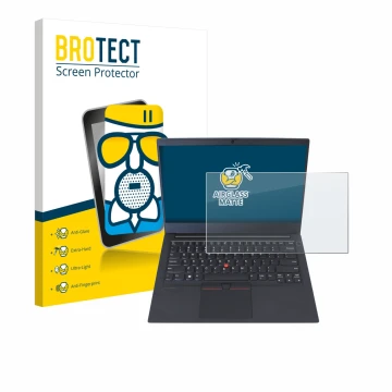 Front side of a product packaging with the brand logo BROTECT. Next to it is the device Lenovo ThinkPad E14 Gen 1 shown with t