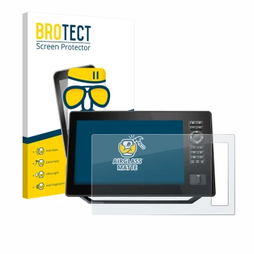 Front side of a product packaging with the brand logo BROTECT. Next to it is the device Humminbird Xplore 9 shown with the cor