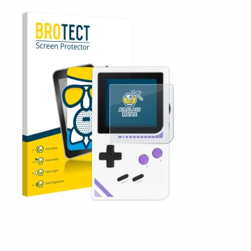 Front side of a product packaging with the brand logo BROTECT. Next to it is the device Modretro Chromatic shown with the corr