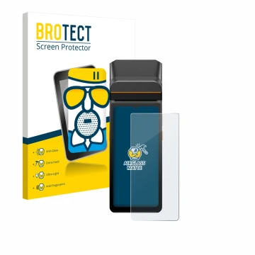 Front side of a product packaging with the brand logo BROTECT. Next to it is the device Sunmi V3 A13 shown with the correspond