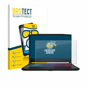 Front side of a product packaging with the brand logo BROTECT. Next to it is the device MSI Katana 15 HX B14 shown with the co