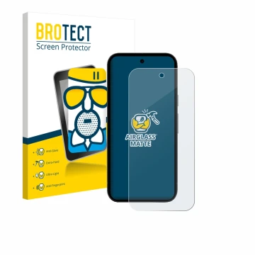 Front side of a product packaging with the brand logo BROTECT. Next to it is the device Google Pixel 10a shown with the corres