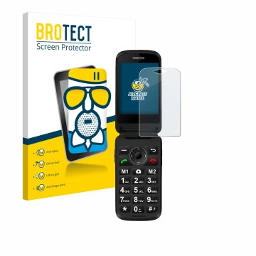 Front side of a product packaging with the brand logo BROTECT. Next to it is the device Simvalley Mobile XL-970 shown with the