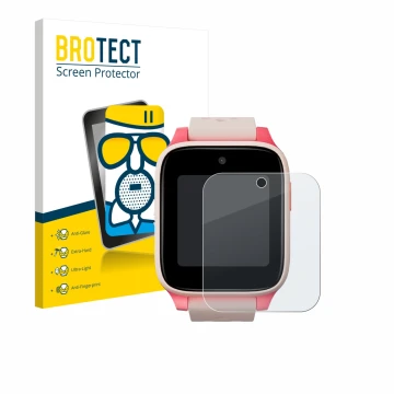 Front side of a product packaging with the brand logo BROTECT. Next to it is the device TCL Movetime Kids Watch MT46 shown wit