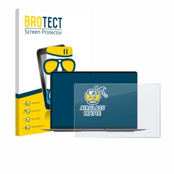 Front side of a product packaging with the brand logo BROTECT. Next to it is the device Geekom GeekBook X14 Pro shown with the