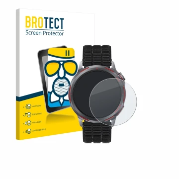 Front side of a product packaging with the brand logo BROTECT. Next to it is the device Huawei Watch GT Runner 2 shown with th
