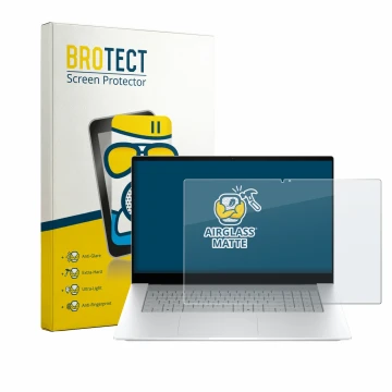 Front side of a product packaging with the brand logo BROTECT. Next to it is the device HP OmniBook X 17-de0776ngx shown with 