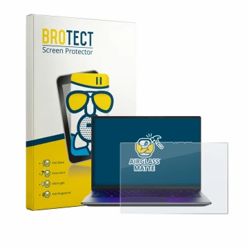 Front side of a product packaging with the brand logo BROTECT. Next to it is the device MEDION Avantum 14 E1e shown with the c