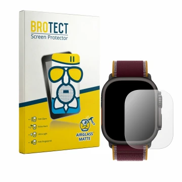 Front side of a product packaging with the brand logo BROTECT. Next to it is the device Apple Watch Ultra 4 (49 mm) shown with