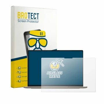 Front side of a product packaging with the brand logo BROTECT. Next to it is the device Dell XPS Googlebook shown with the cor
