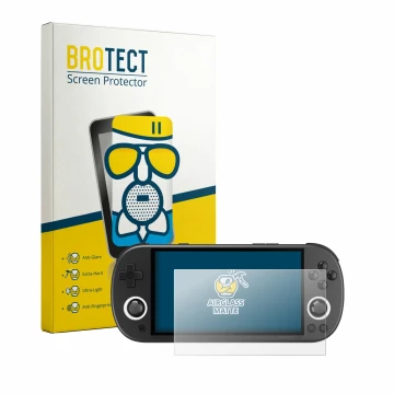 Front side of a product packaging with the brand logo BROTECT. Next to it is the device Trimui Smart Pro shown with the corres