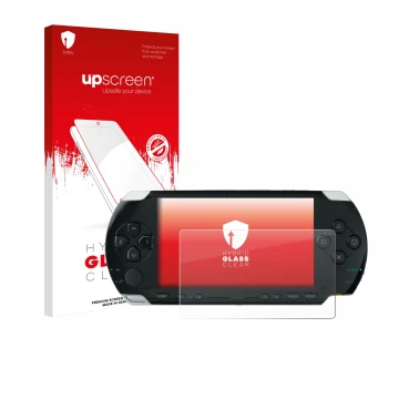 Front side of a product packaging with the brand logo upscreen. Next to it is the device Sony PSP 1000 shown with the correspo