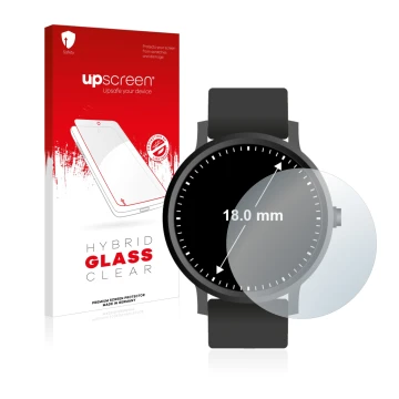 Front side of a product packaging with the brand logo upscreen. Next to it is the device Watches (Circular, ø: 18 mm) shown wi