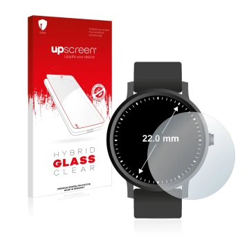 Front side of a product packaging with the brand logo upscreen. Next to it is the device Watches (Circular, ø: 22 mm) shown wi