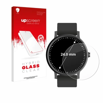 Front side of a product packaging with the brand logo upscreen. Next to it is the device Watches (Circular, ø: 24 mm) shown wi