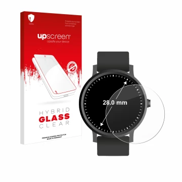 Front side of a product packaging with the brand logo upscreen. Next to it is the device Watches (Circular, ø: 28 mm) shown wi