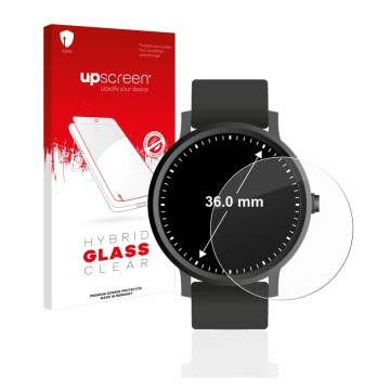Front side of a product packaging with the brand logo upscreen. Next to it is the device Watches (Circular, ø: 36 mm) shown wi