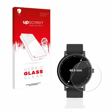 Front side of a product packaging with the brand logo upscreen. Next to it is the device Watches (Circular, ø: 40 mm) shown wi