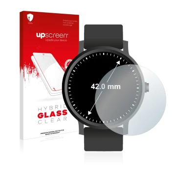 Front side of a product packaging with the brand logo upscreen. Next to it is the device Watches (Circular, ø: 42 mm) shown wi